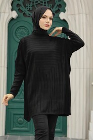 Black Hijab Knitwear Poncho 3404S - Thumbnail