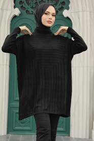 Black Hijab Knitwear Poncho 3404S - Thumbnail