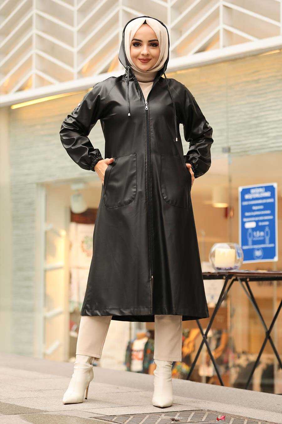 Black Hijab Leather Coat 1319S - Neva-style.com