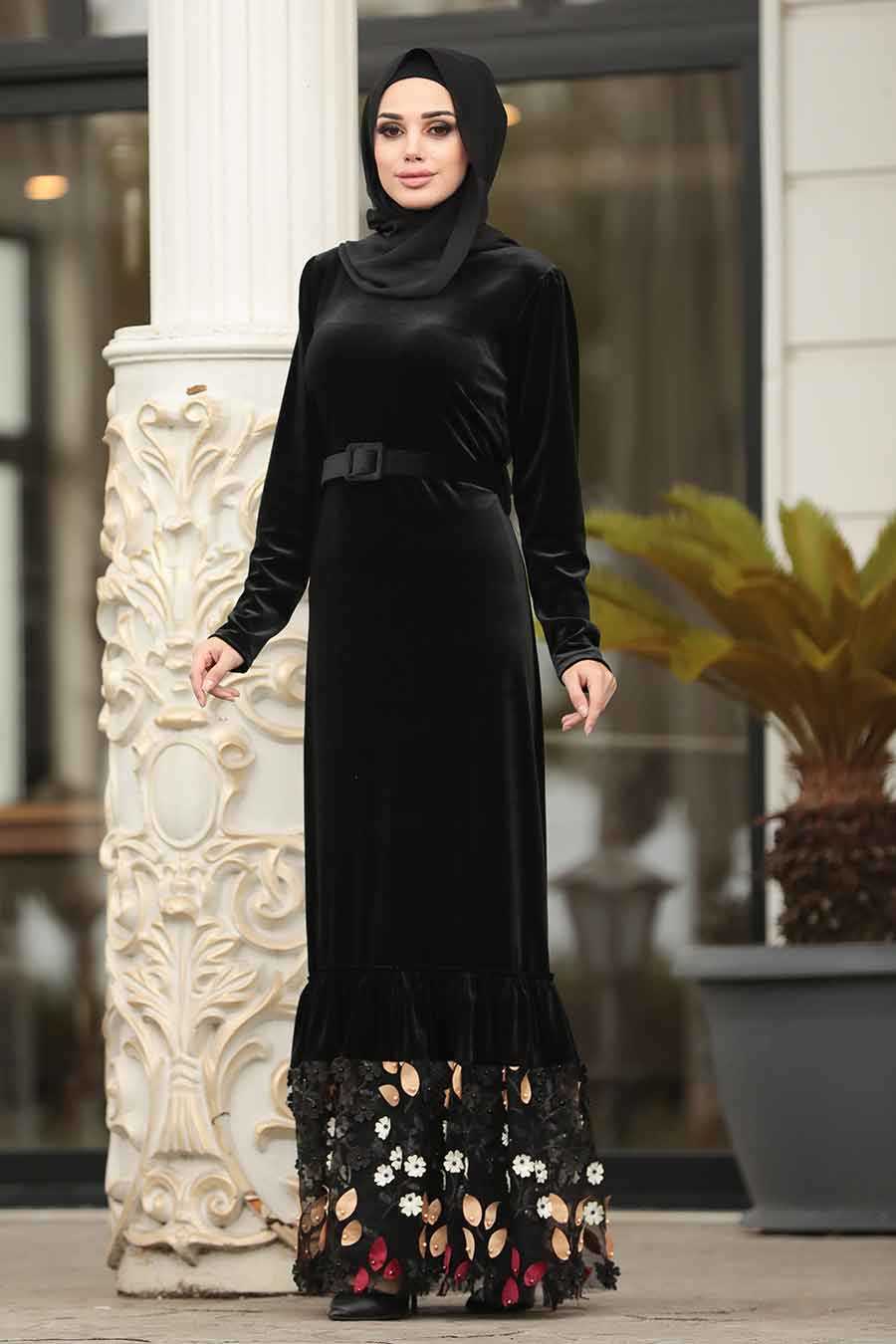 Black Hijab Velvet Dress 11022S