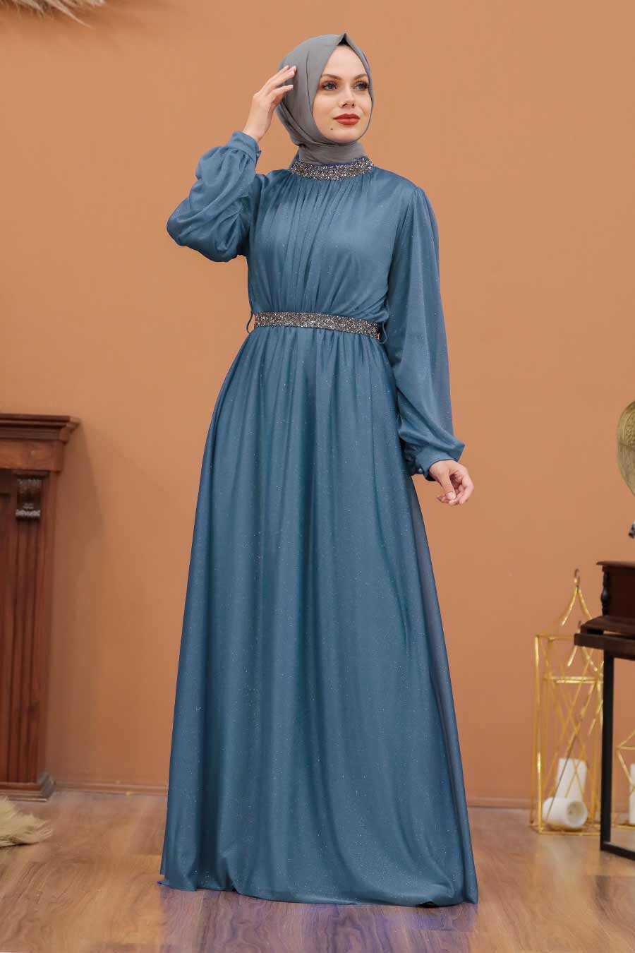 Blue Hijab Evening Dress 5501M
