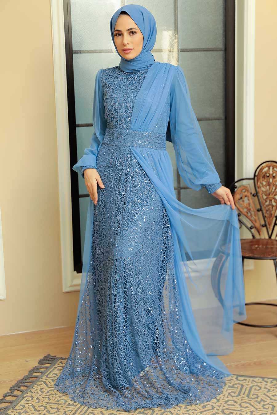 Blue Hijab Evening Dress 5696M