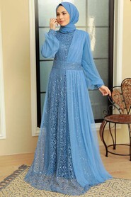 Blue Hijab Evening Dress 5696M - Thumbnail