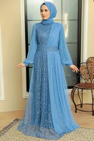 Blue Hijab Evening Dress 5696M - Thumbnail