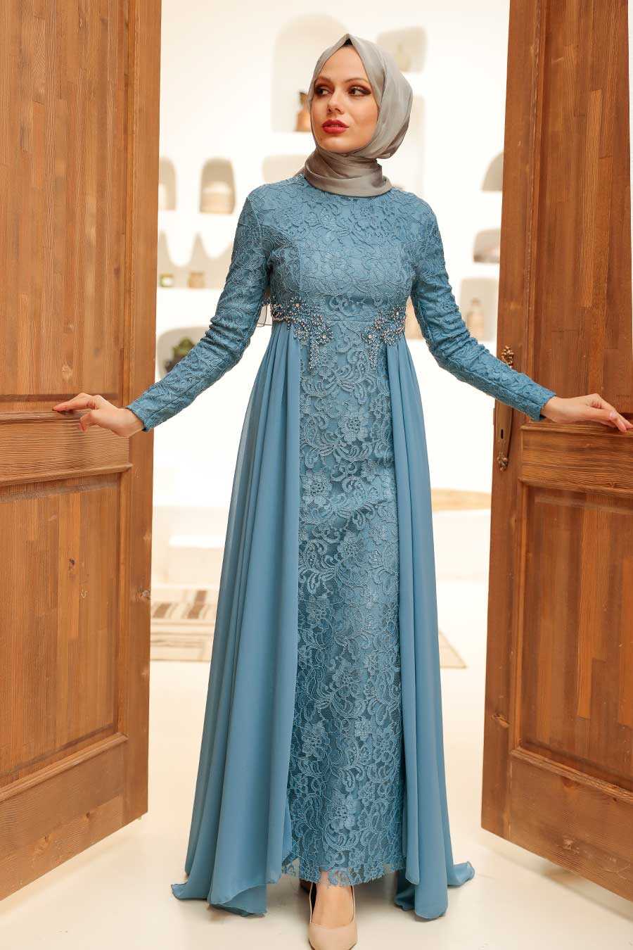 Blue Hijab Evening Dress 9105M