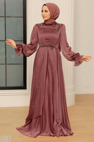 Brown Hijab Evening Dress 21910KH - Thumbnail