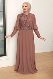 Brown Hijab Evening Dress 25817KH - Thumbnail