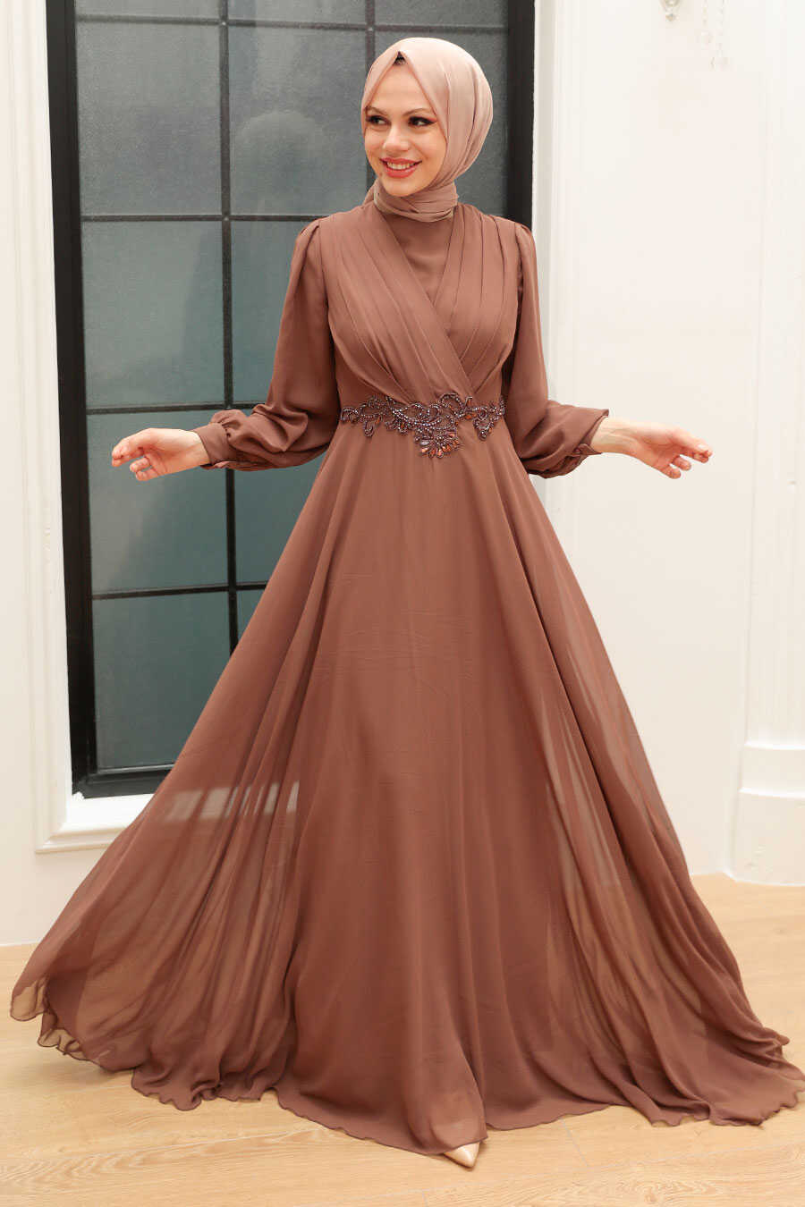 Brown Hijab Evening Dress 3435KH