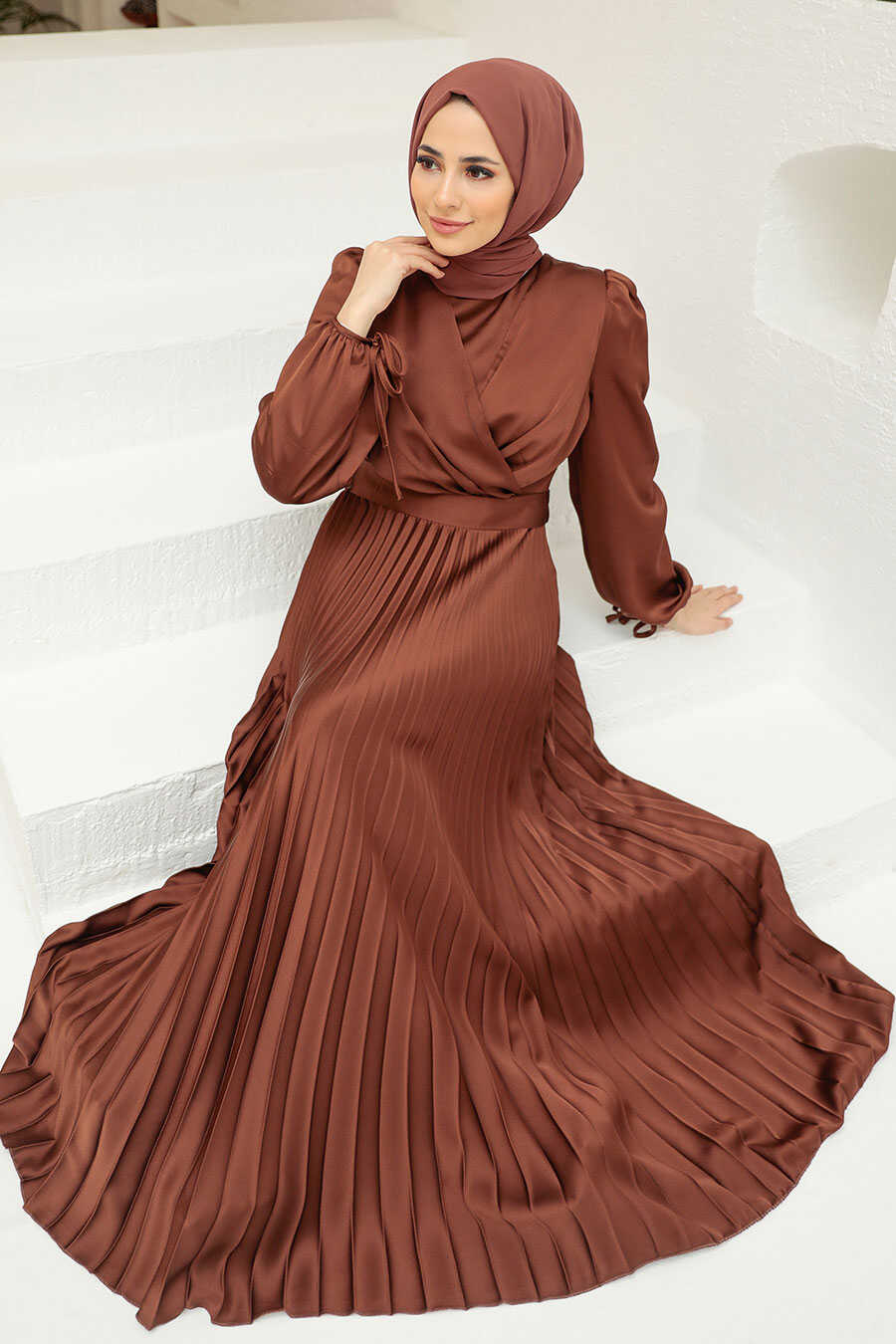 Brown Hijab Evening Dress 3452KH