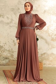 Neva Style - Elegant Brown Muslim Long Sleeve Dress 3773KH - Thumbnail