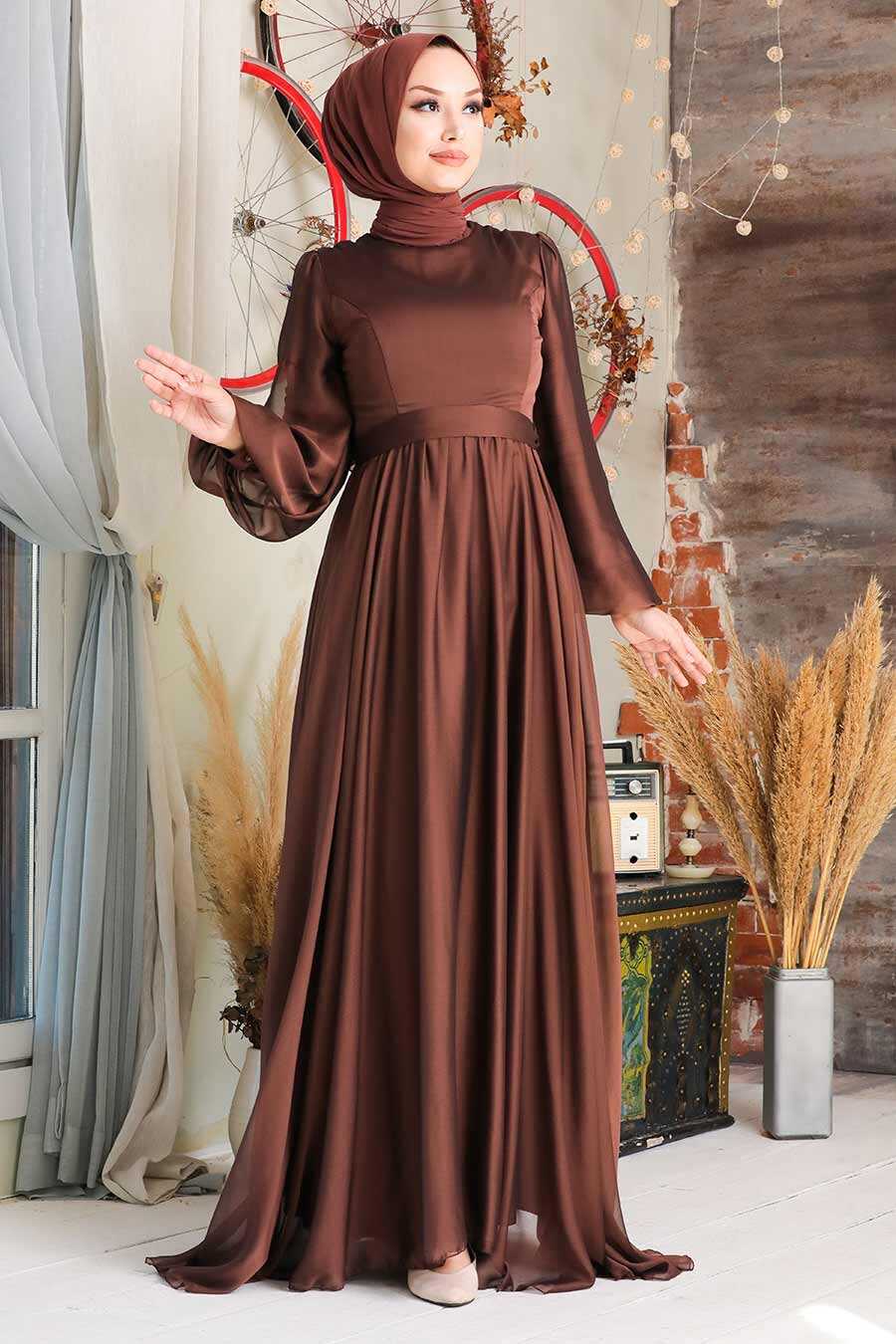Brown Hijab Evening Dress 5215KH