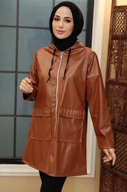 Brown Hijab Faux Leather Cap 50153KH - Thumbnail