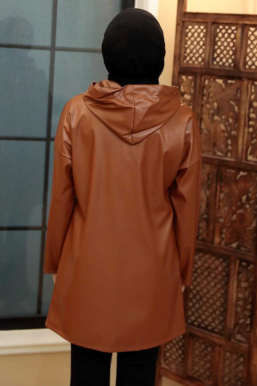 Brown Hijab Faux Leather Cap 50153KH