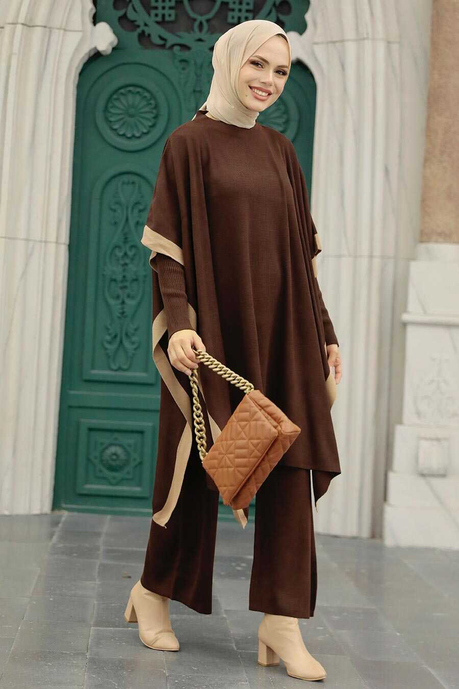 Brown Hijab Knitwear Triple Suit 33850KH