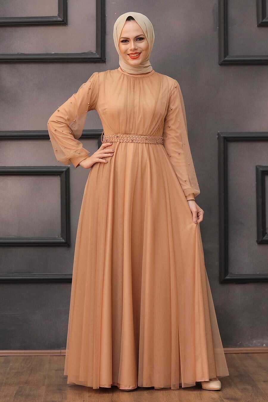 Camel Hijab Evening Dress 5514C