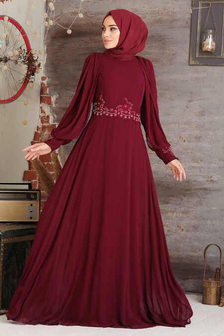 Claret Red Hijab Evening Dress 20730BR - Neva-style.com