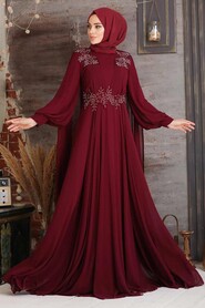 Claret Red Hijab Evening Dress 9130BR - Thumbnail