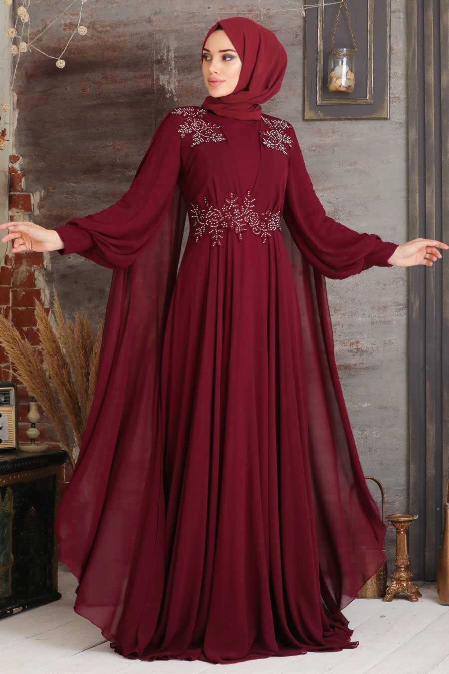 Claret Red Hijab Evening Dress 9130BR