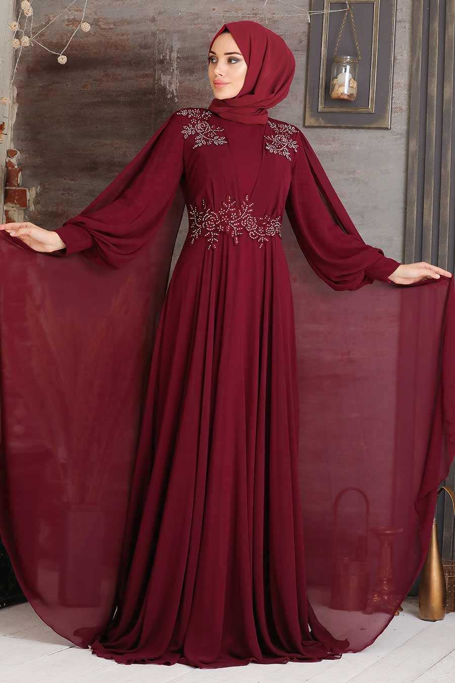 Claret Red Hijab Evening Dress 9130BR