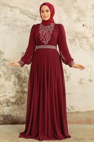 Neva Style - Elegant Claret Red Muslim Long Sleeve Dress 3773BR - Thumbnail