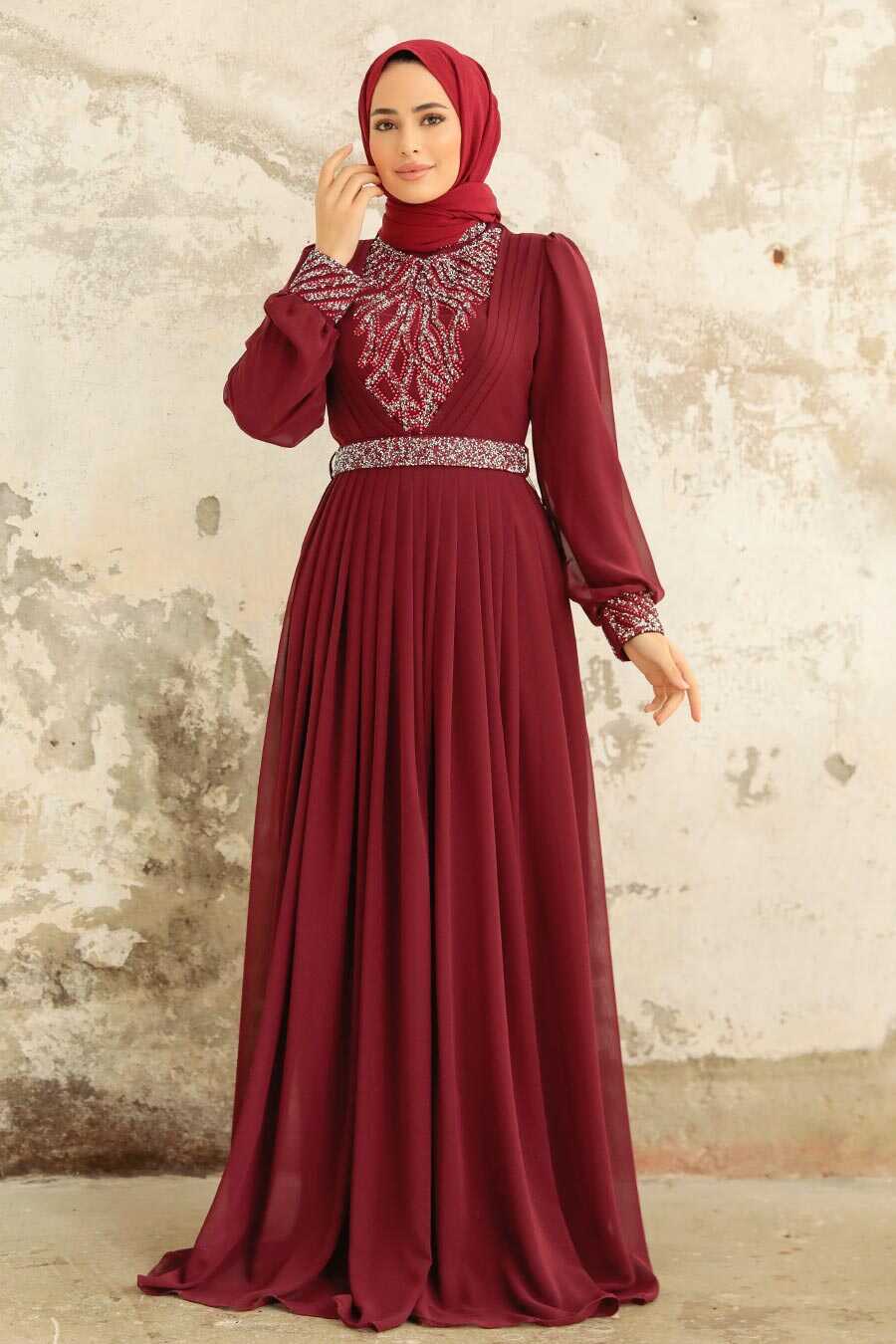 Neva Style - Elegant Claret Red Muslim Long Sleeve Dress 3773BR