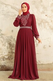 Neva Style - Elegant Claret Red Muslim Long Sleeve Dress 3773BR - Thumbnail