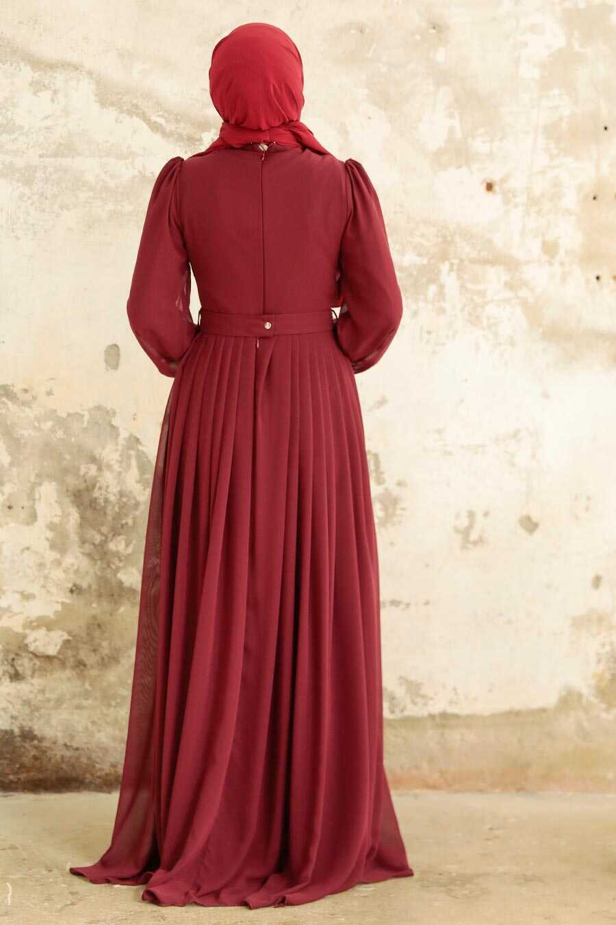 Neva Style - Elegant Claret Red Muslim Long Sleeve Dress 3773BR