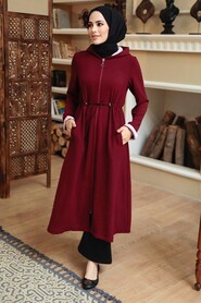 Claret Red Hijab Coat 5721BR - Thumbnail