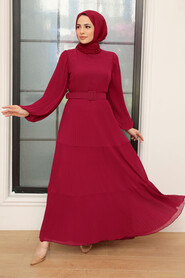 Claret Red Hijab Dress 3590BR - Thumbnail