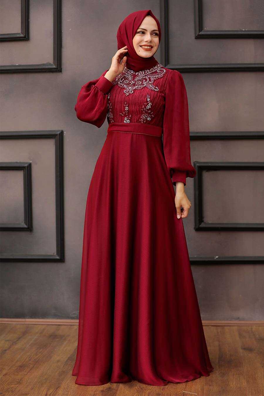 Claret Red Hijab Evening Dress 2155BR - Neva-style.com