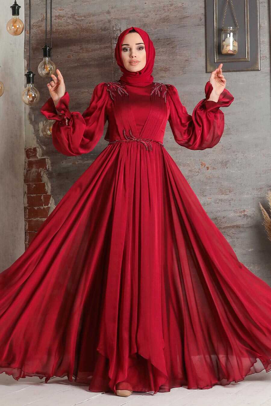 Claret Red Hijab Evening Dress 21910BR