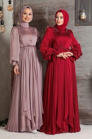 Claret Red Hijab Evening Dress 21910BR - Thumbnail