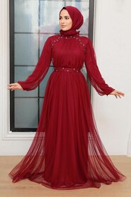 Claret Red Hijab Evening Dress 22041BR - Thumbnail