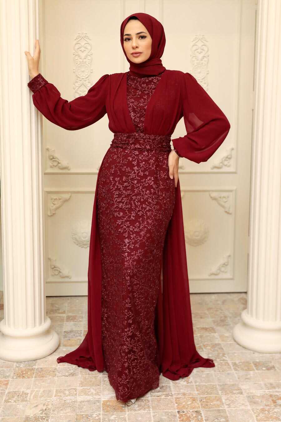 Claret Red Hijab Evening Dress 22071BR