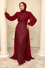 Claret Red Hijab Evening Dress 22071BR - Thumbnail