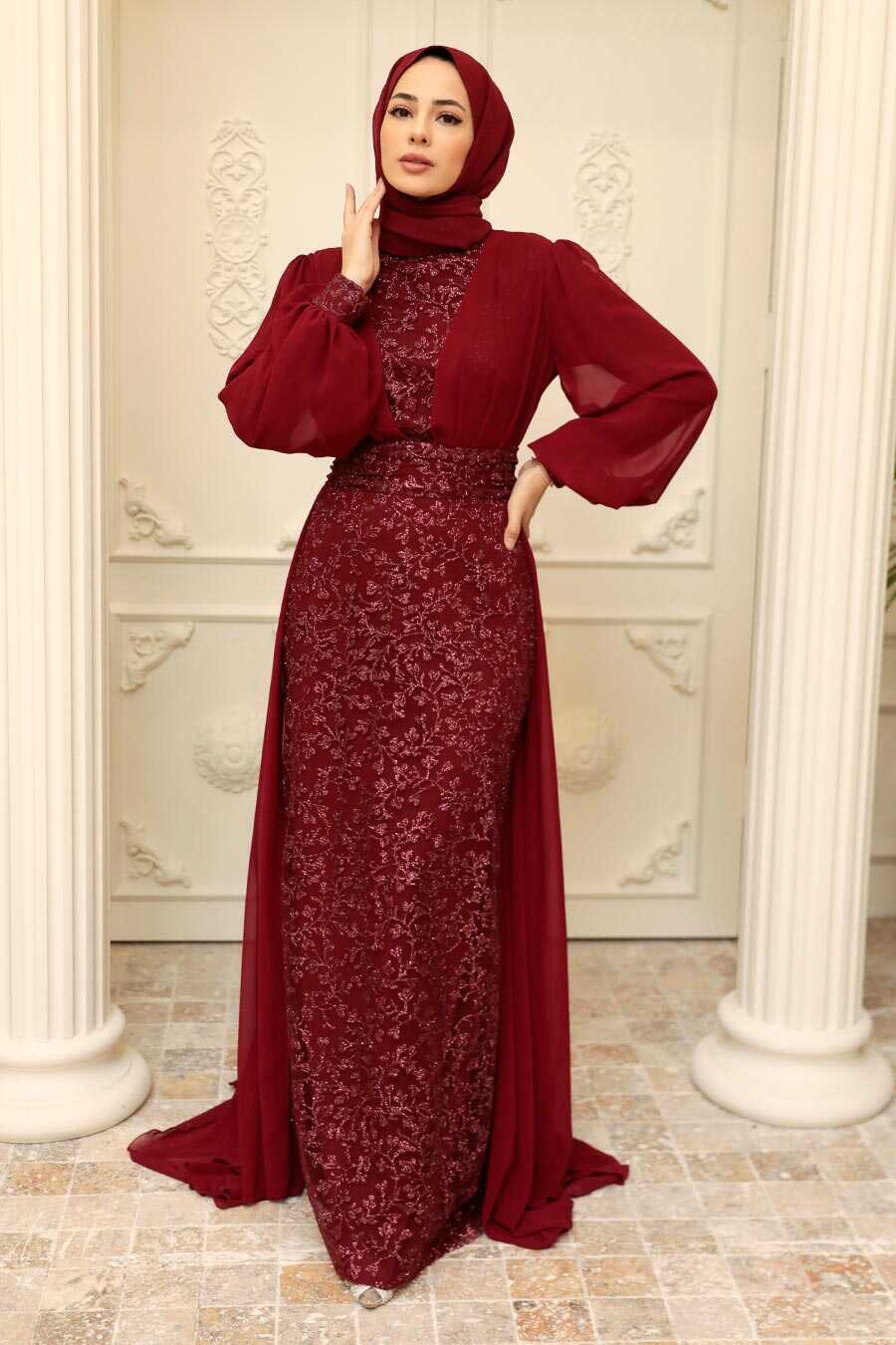 Claret Red Hijab Evening Dress 22071BR