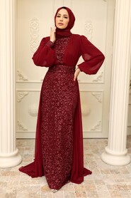 Claret Red Hijab Evening Dress 22071BR - Thumbnail