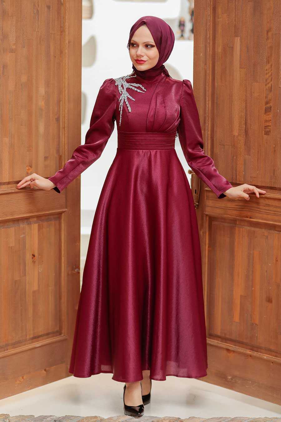Neva Style - Claret Red Turkish Hijab Evening Dress 22301BR