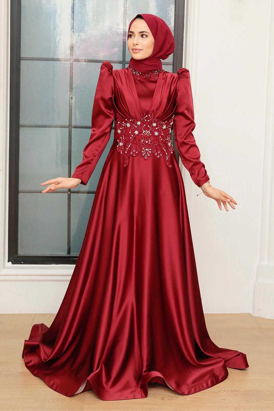Claret Red Hijab Evening Dress 22640BR