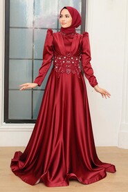 Claret Red Hijab Evening Dress 22640BR - Thumbnail