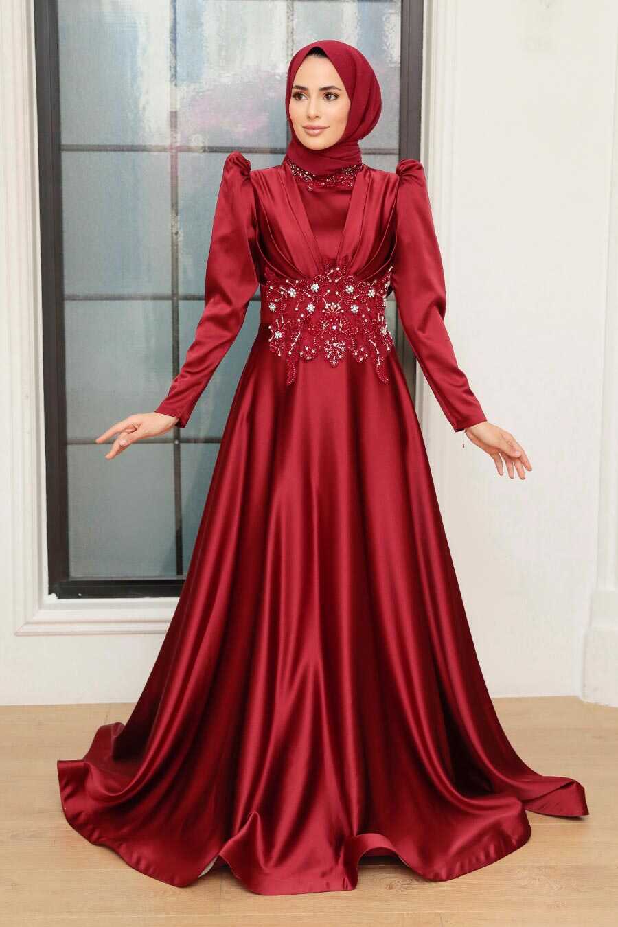 Claret Red Hijab Evening Dress 22640BR