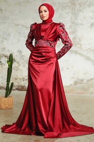 Claret Red Hijab Evening Dress 2282BR - Thumbnail