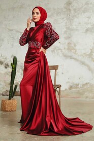 Claret Red Hijab Evening Dress 2282BR - Thumbnail