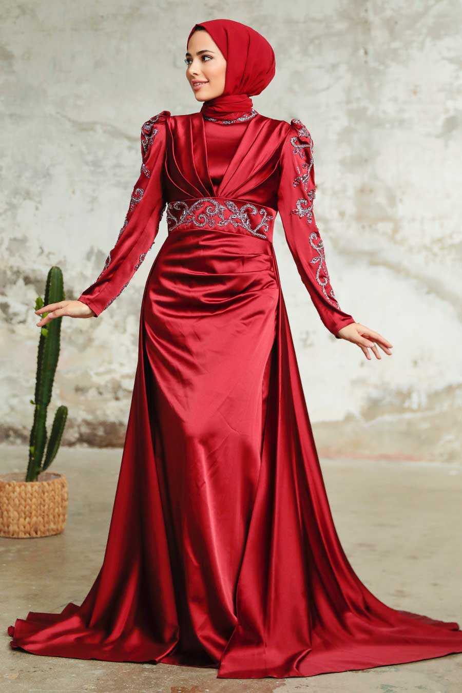 Claret Red Hijab Evening Dress 2282BR