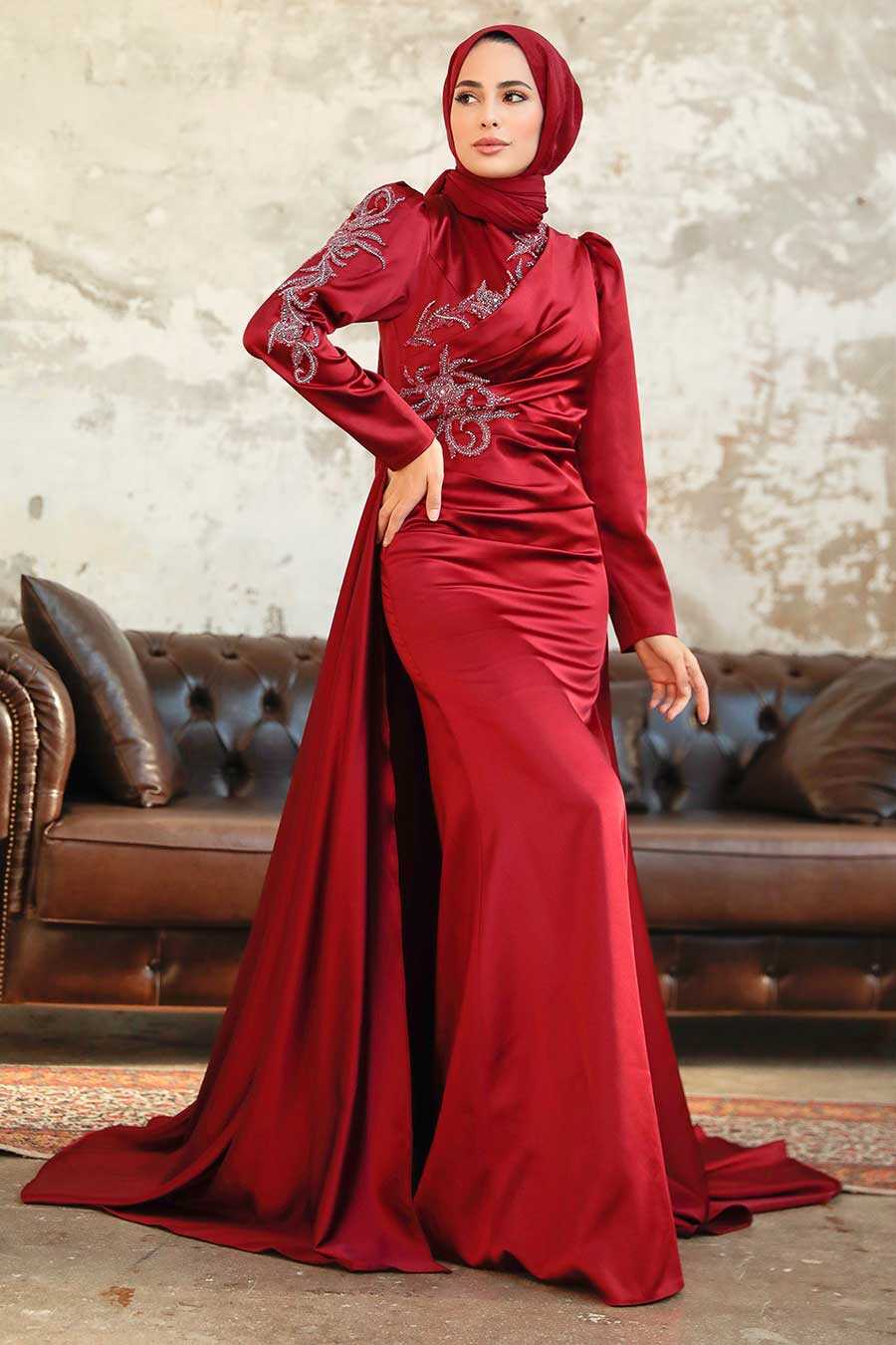Neva Style - Elegant Claret Red Modest Evening Gown 22881BR