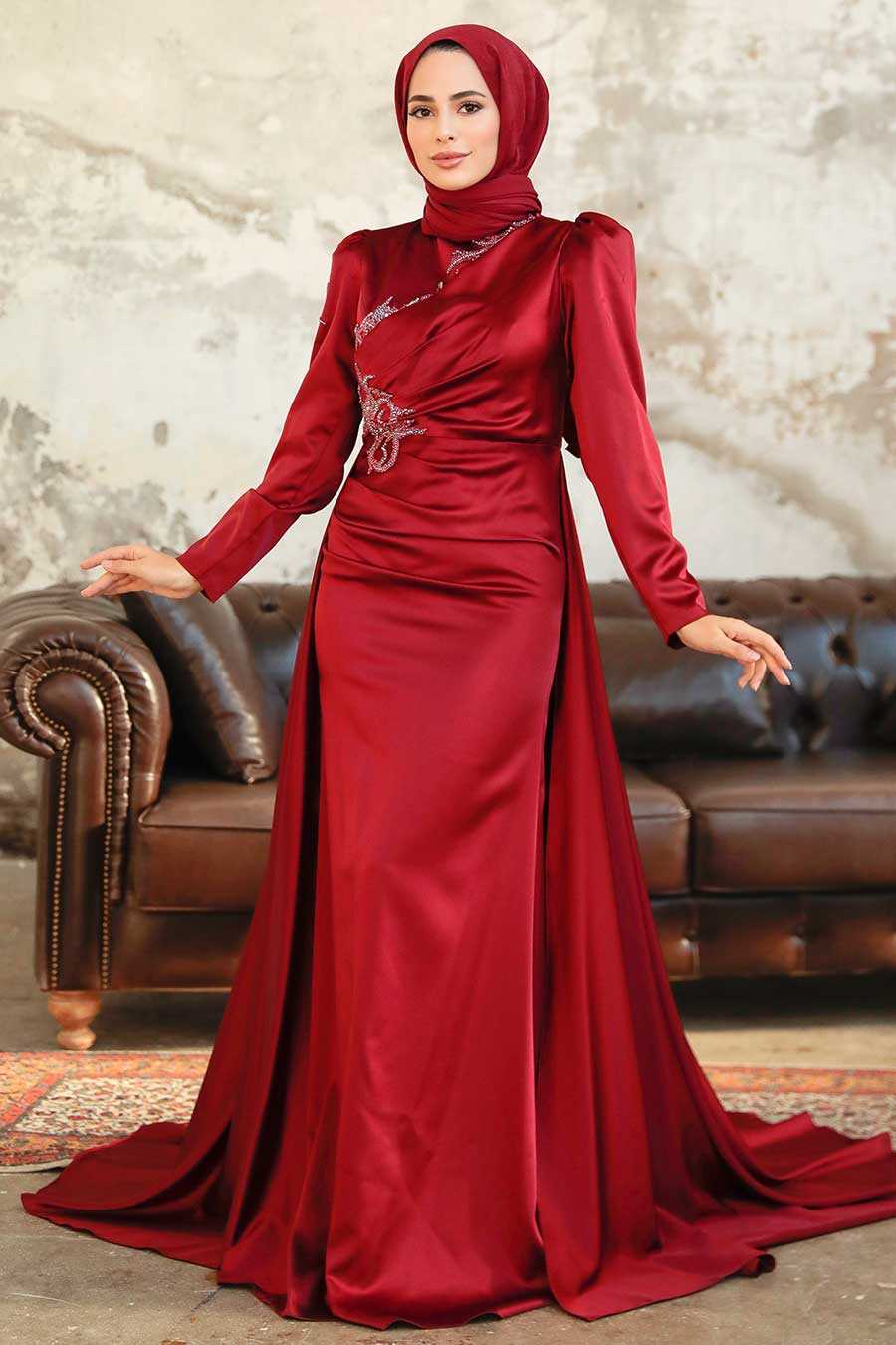 Neva Style - Elegant Claret Red Modest Evening Gown 22881BR