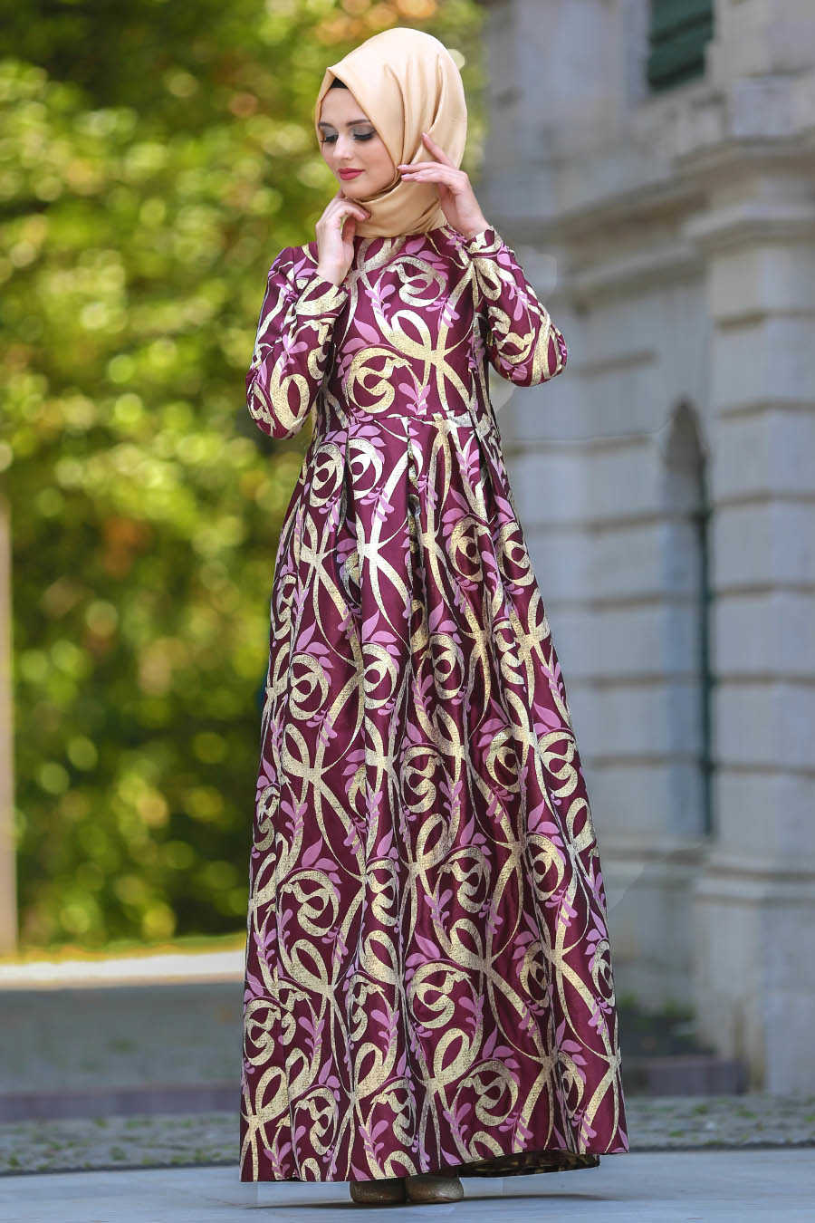 Neva Style - Long Claret Red Islamic Long Sleeve Maxi Dress 2441BR