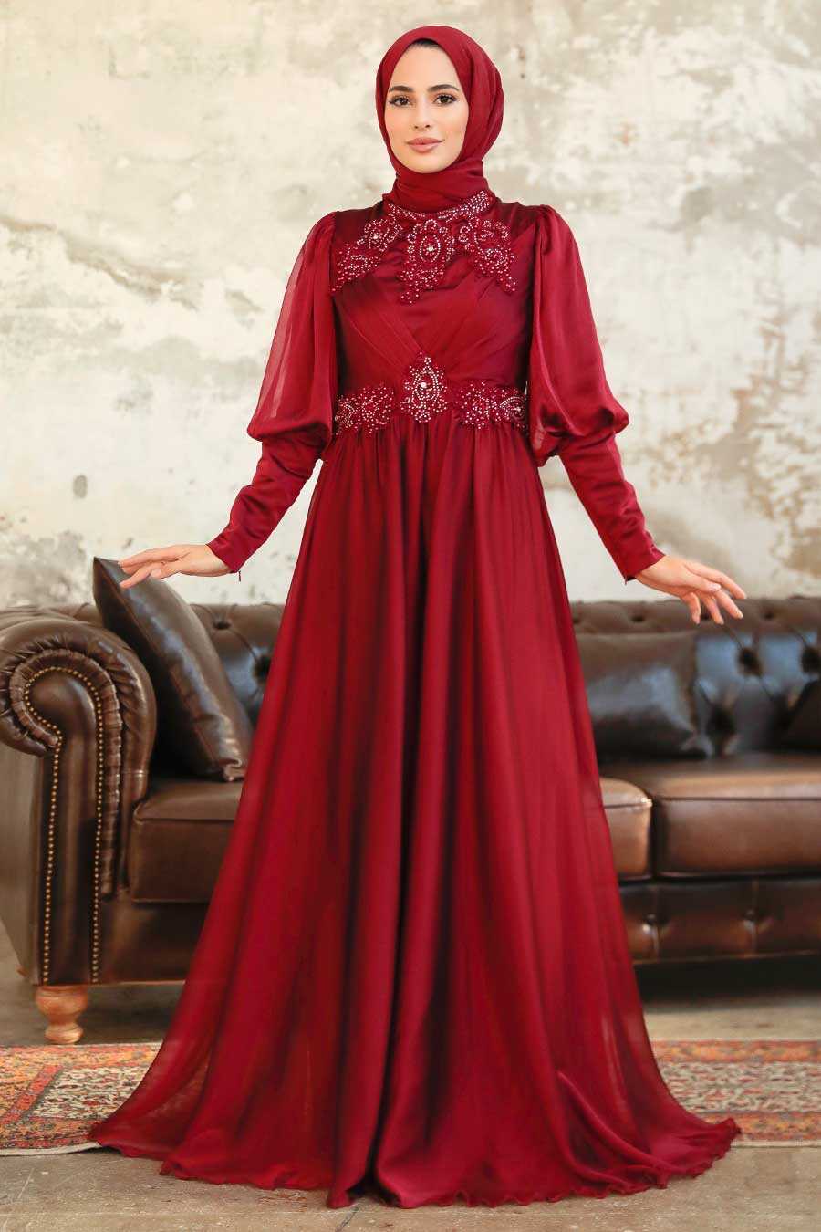 Claret Red Hijab Evening Dress 25822BR
