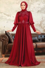 Claret Red Hijab Evening Dress 25822BR - Thumbnail