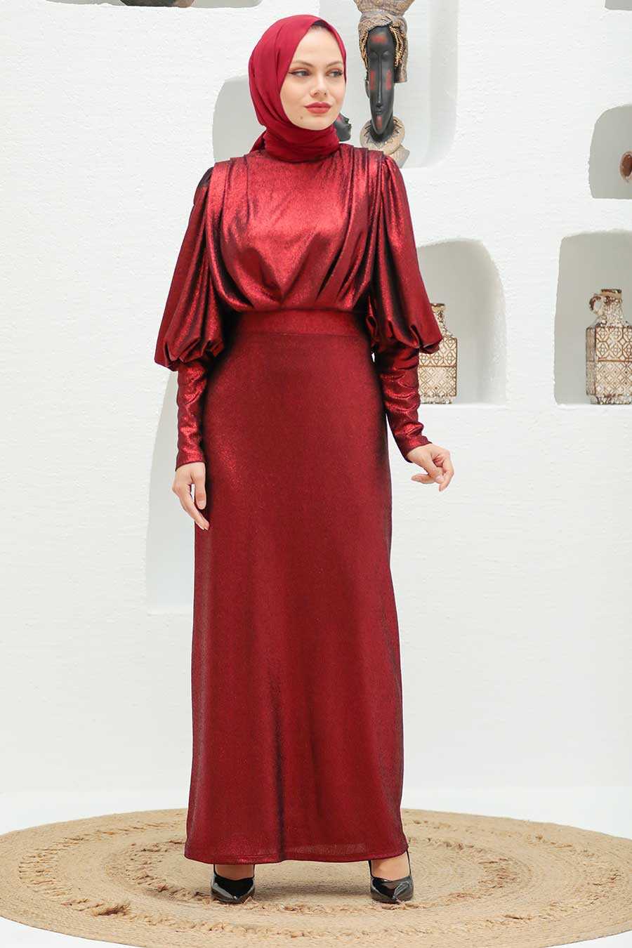 Claret Red Hijab Evening Dress 32321BR